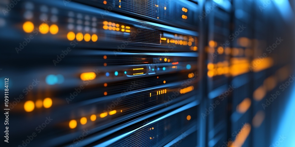 Poster modern data center with blue and orange led lights on server racks in motion blur : generative ai