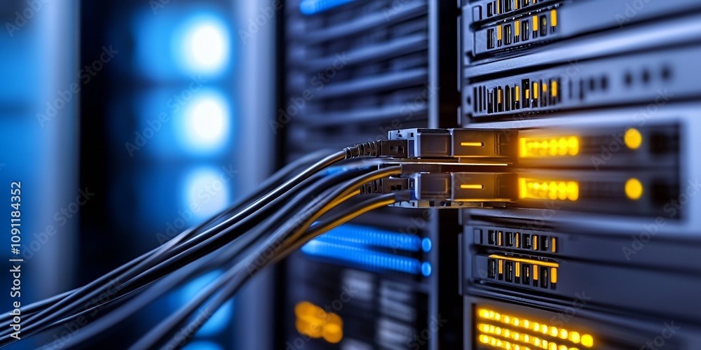Fototapete high tech data center server rack with network cables and led indicators : generative ai