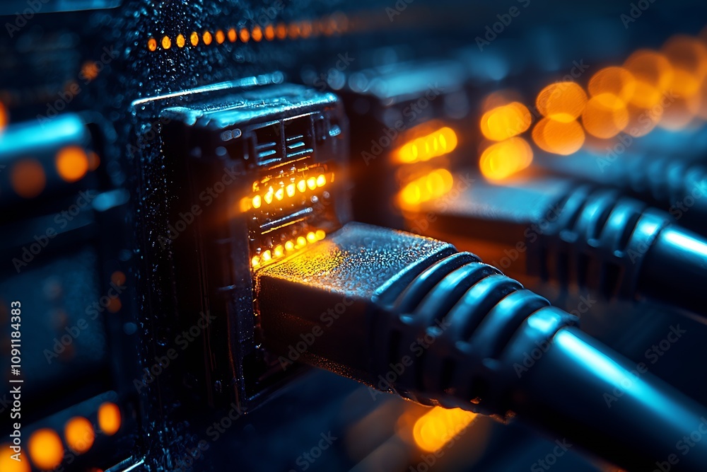 Poster Closeup of Ethernet Cables Plugged into Data Server with Glowing Lights in Technology Environment : Generative AI