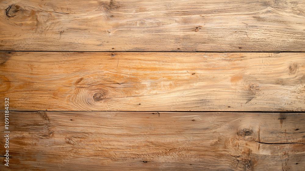 Poster Natural wooden plank texture with visible grain patterns and knots, top view. warm tones and rustic appearance create cozy and inviting atmosphere, perfect for backgrounds