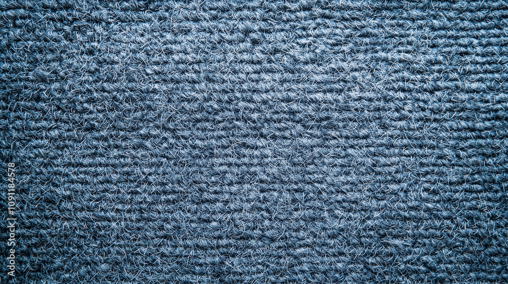 Poster textured blue wool carpet viewed from above, showcasing intricate woven patterns and soft, cozy appe