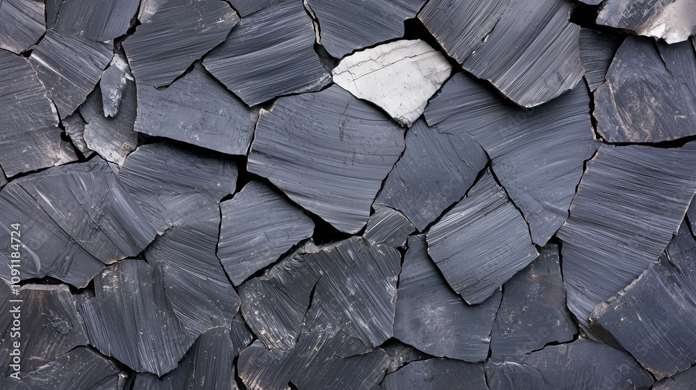 Poster textured top view of cracked, dark ash like surface with rough, layered appearance, showcasing natur