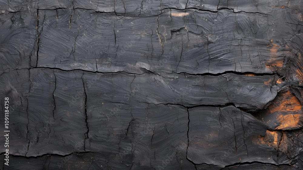 Aufkleber close up view of charred wood texture with deep cracks and dark, burnt surface, showcasing natural p