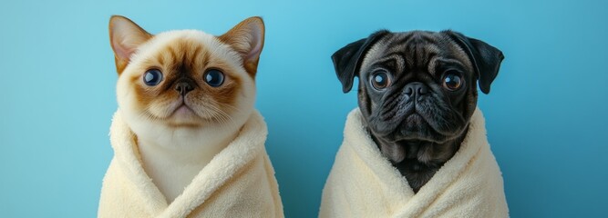 Fototapeta premium Pug pup with soap foam on its head after a bath, then fluffy cat wrapped in towel. Just washed gray tabby kitten in bathrobe, with blue background.