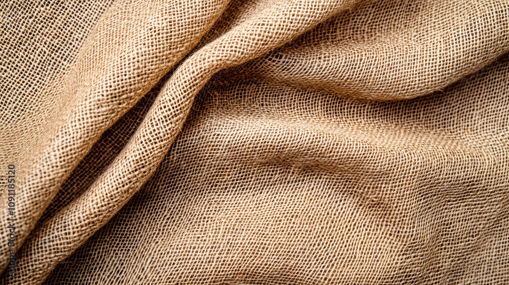 Poster close up view of burlap fabric texture, showcasing its coarse weave and natural color. fabric is dra