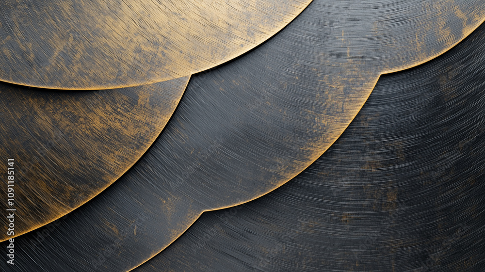 Leinwandbilder Abstract design with overlapping brushed metal textures in gold and black, creating modern and elegant pattern. curved layers add depth and sophistication to composition