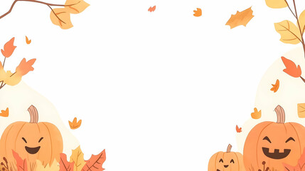 Fototapeta premium Cheerful Halloween Pumpkin Frame with Smiling Faces, Autumn Leaves, and Warm Colors for Seasonal Celebrations and Festive Decorations