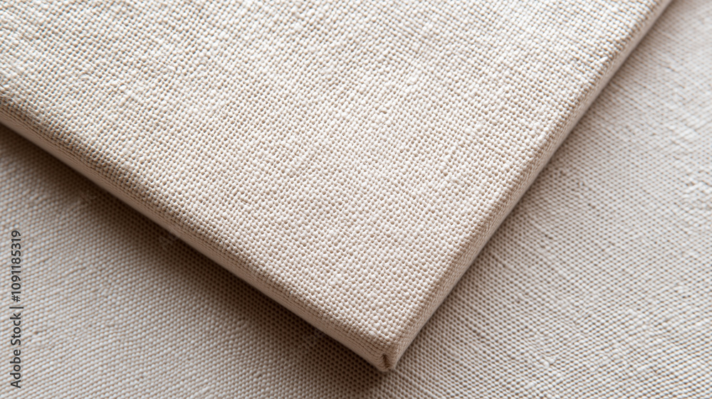 Poster close up view of textured canvas surface, showcasing its detailed weave and natural color. image highlights intricate fabric pattern, perfect for art and design inspiration
