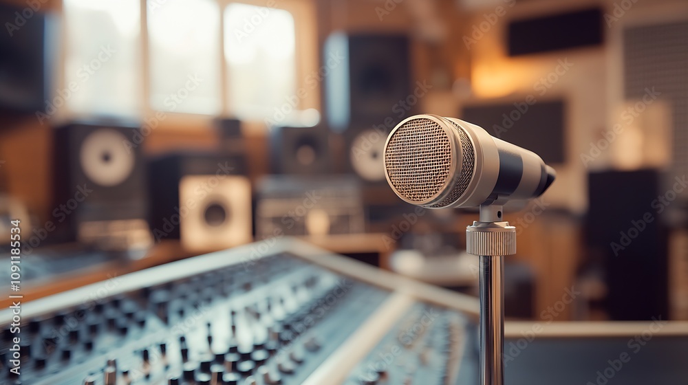 Poster Professional recording studio setup with focus on high quality microphone and mixing console : Generative AI