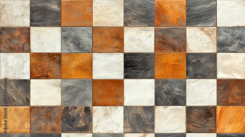 Poster top view of checkerboard tile pattern featuring mix of earthy tones, including shades of brown, oran
