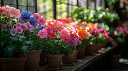 multicolored blooming flowers in the green house