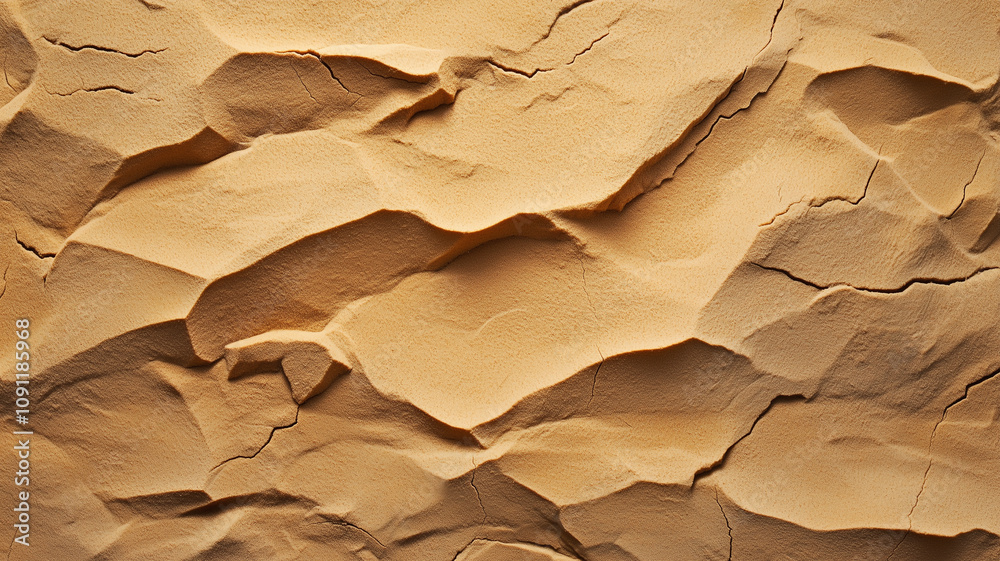 Aufkleber textured surface of coarse sand with visible cracks and shadows, creating abstract pattern. warm tones and natural formations evoke sense of rugged beauty and earthy simplicity