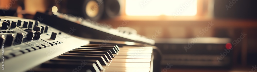 Poster music studio keyboard with sunlit accents and warm ambient lighting : generative ai