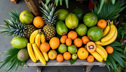 A detailed aerial shot of a roadside fruit stand on a sunny day