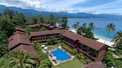 Fototapeta premium Tranquil Resort Paradise Featuring Lush Greenery, Sparkling Pool, and Pristine Beach with Majestic Mountains in the Background at a Stunning Location