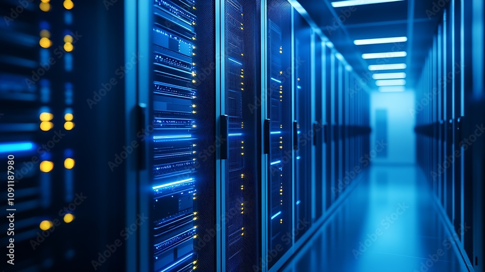 Poster Modern Data Center with Blue LED Lights and High Tech Servers : Generative AI
