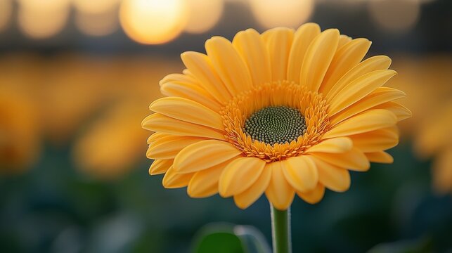 one orange Gerbera Flower on a blurred greenhouse background.