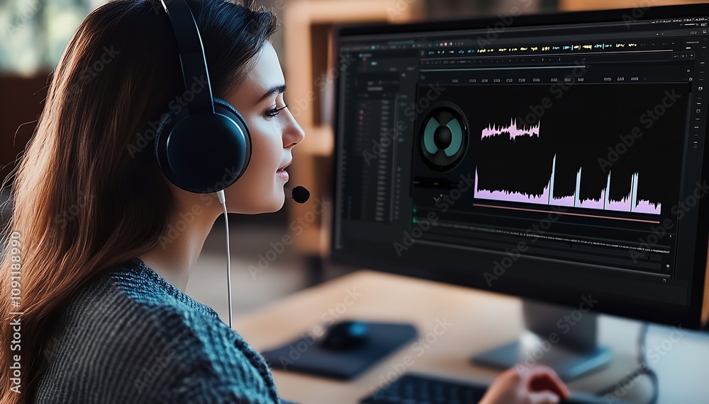 Poster Young professional analyzing sound patterns for media project : Generative AI