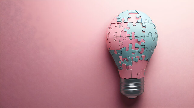 Creative Concept of a Jigsaw Puzzle Light Bulb with Pink and Blue Pieces on a Soft Pink Background Representing Ideas, Innovation, and Problem Solving