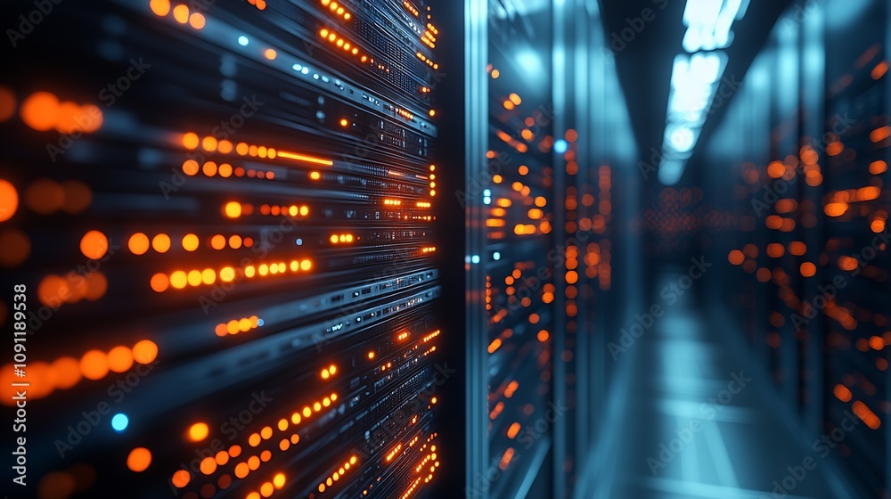 Poster futuristic data center corridor with vibrant amber lighting on server walls : generative ai