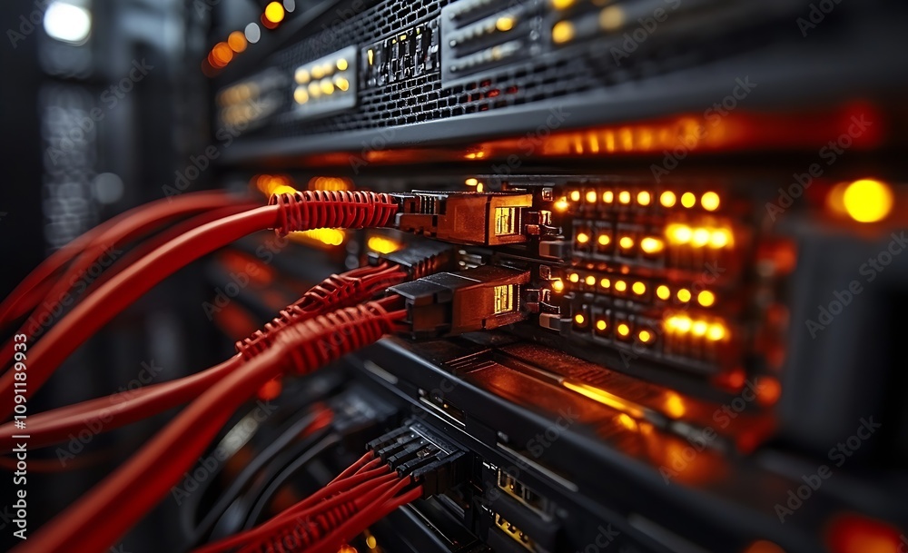 Poster Advanced networking cables and illuminated server racks in modern data center facility : Generative AI