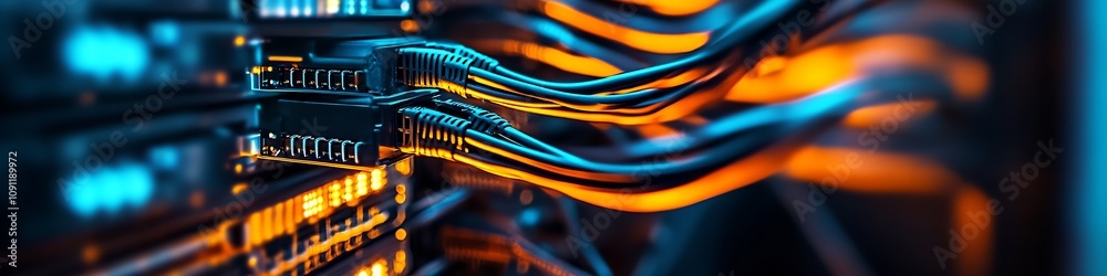 Fototapete closeup of network server cables with glowing led lights in a data center : generative ai