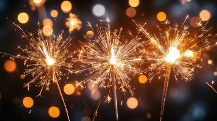 Fototapeta premium Three sparkling sparklers glow brightly in dark