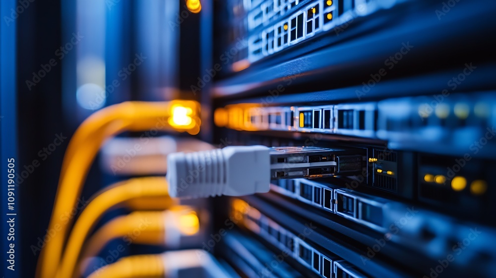Poster Close-up View of Network Server Cables and Racks in a Modern Data Center : Generative AI