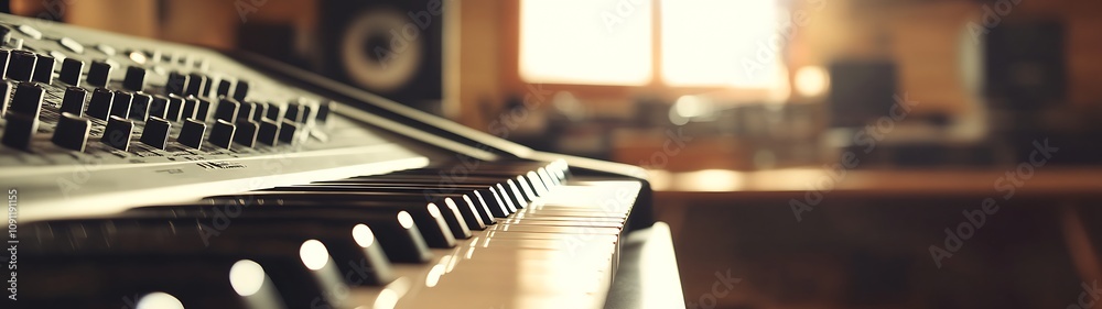 Poster Close-up of an analog synthesizer keyboard in warm ambient studio lighting : Generative AI