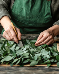 Gardening action skillful hands preparing fresh leaves home nature