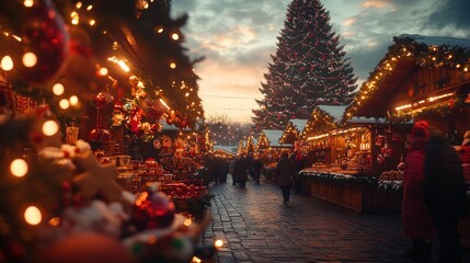 Fototapeta premium A bustling Christmas market at dusk, with twinkling lights, festive decorations and a giant Christmas tree in the background.