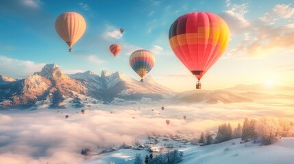 Obraz premium Colorful hot air balloons soaring over a mountainous landscape.