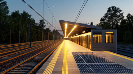 Fototapeta premium solar powered train station at dusk, showcasing modern design and sustainability