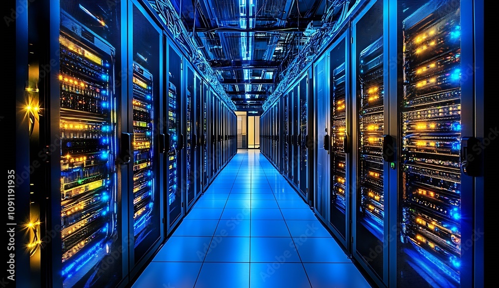 Fototapete High Tech Data Center with Rows of Illuminated Server Racks and Blue Lights : Generative AI