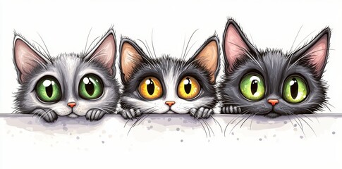 Obraz premium The graphic depicts three cute cats on a horizontal surface in a hand-drawn sketch with splashes of watercolor.