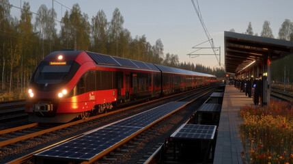 solar powered train station with modern train and solar panels