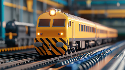 vibrant yellow train model on tracks in detailed setting