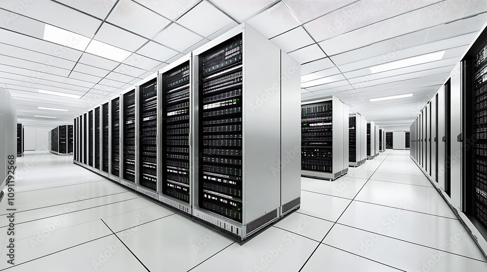 Poster Modern Data Center With Rows Of Advanced Servers In A Clean Bright Environment : Generative AI