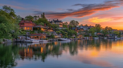 Obraz premium Serene Waterscape at Sunset Featuring Charming Houses and Reflections on Calm Lake Surrounded by Lush Greenery in a Picturesque Setting