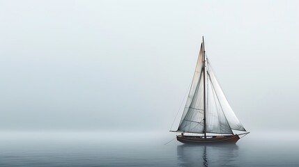 Fototapeta premium A serene sailboat gliding through a misty sea, embodying tranquility and solitude.