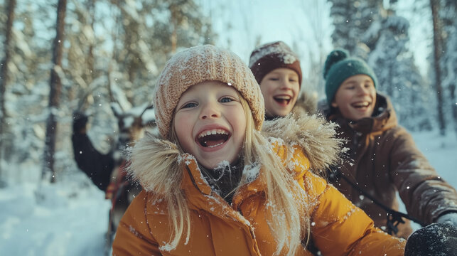 Lapland Winter Wilderness Adventure, family enjoying reindeer sledding in the middle of snowy pine forest, Ai generated images