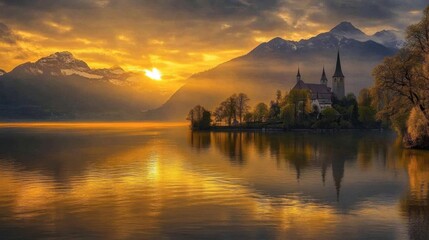 Fototapeta premium Serene Lake Sunset with Majestic Mountains and Historic Church Reflecting in Calm Waters, Surrounded by Lush Trees and Golden Light Creating a Tranquil Atmosphere