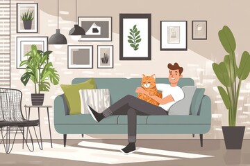 Fototapeta premium Young handsome man relaxing on modern soft couch at home in living room