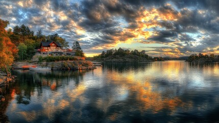 Fototapeta premium Serene Landscape with Vibrant Sky and Reflections Over Calm Waters at Sunset Near Cozy Cottage and Lush Trees by a Peaceful Waterfront