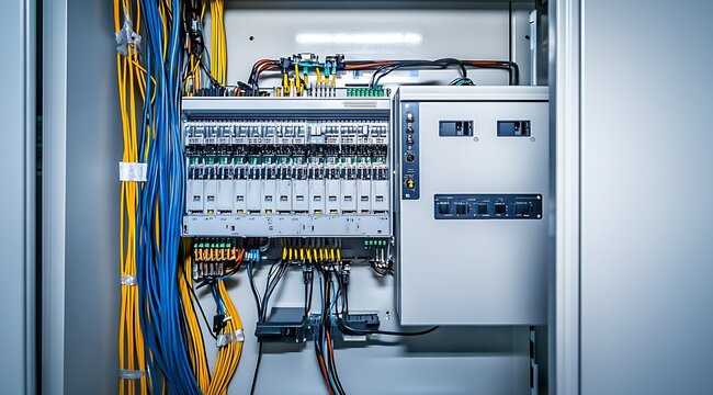 Professional Electrical Hardware Panel with Complex Wire Arrangements and Switchgear Units : Generative AI