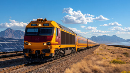 Fototapeta premium vibrant train travels through solar farm with mountains in background