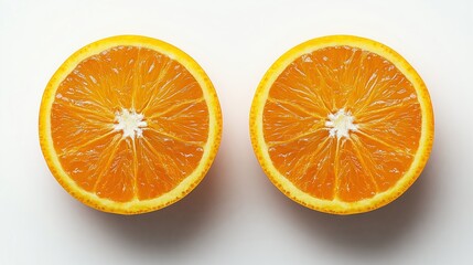 Fototapeta premium Two halves of fresh orange showing juicy texture on white background