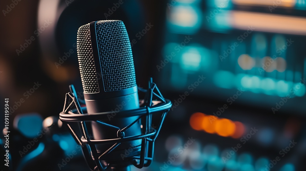 Poster high-quality microphone in a state-of-the-art podcasting studio with modern lighting : generative ai