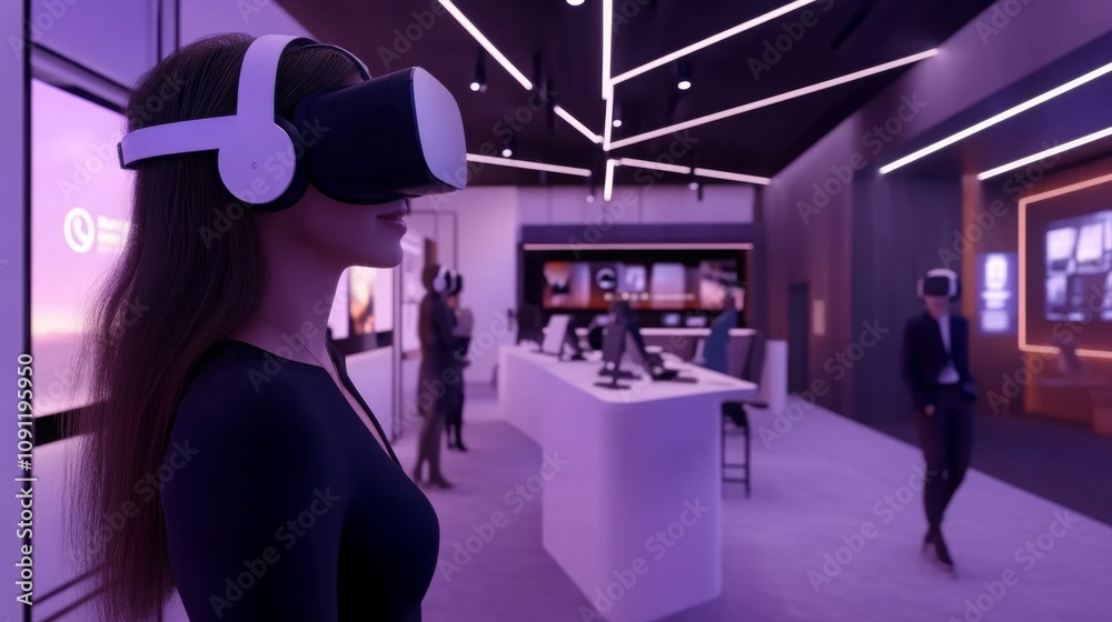 Poster A person is engaged in a virtual reality experience using a headset while surrounded by other users in a sleek tech showroom. The space features bright displays and contemporary designs.