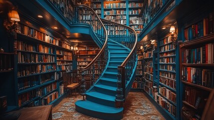 Library with a spiral staircase and towering bookshelves